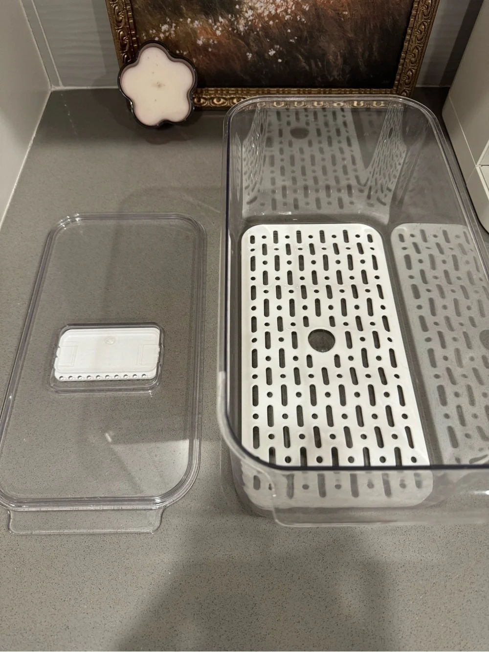 Clear Plastic Kitchen Storage Container with White Drain Tray
